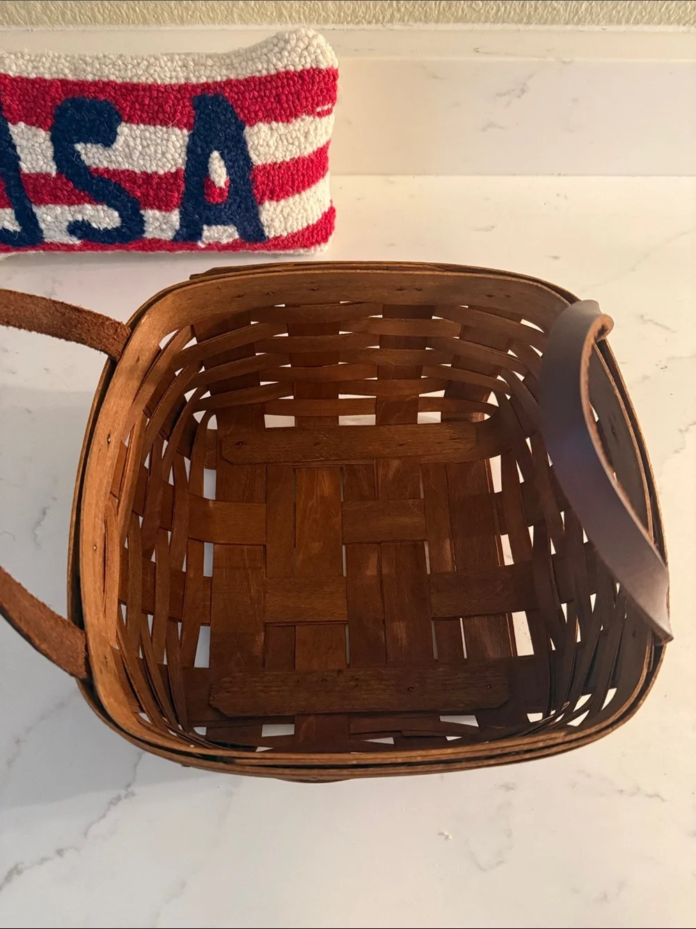 Vintage 19th Century Handwoven Wooden Basket with Leather Handles Signed